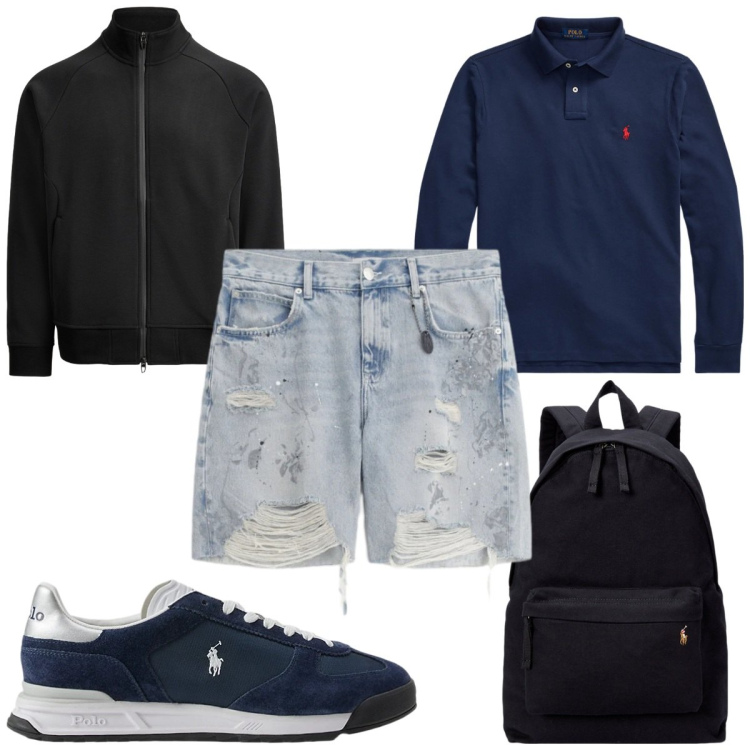 Outfit uomo - Total look #2344084. Stile Trendy per Tutti i giorni. Abbinamento con bermuda, polo, borse sportive, sneakers, giacche sportive.