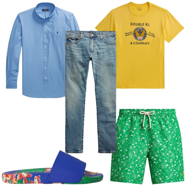 Outfit uomo - Total look #2344087. Stile Trendy per Mare. Abbinamento con jeans, camicie, t-shirt, sandali, costumi.