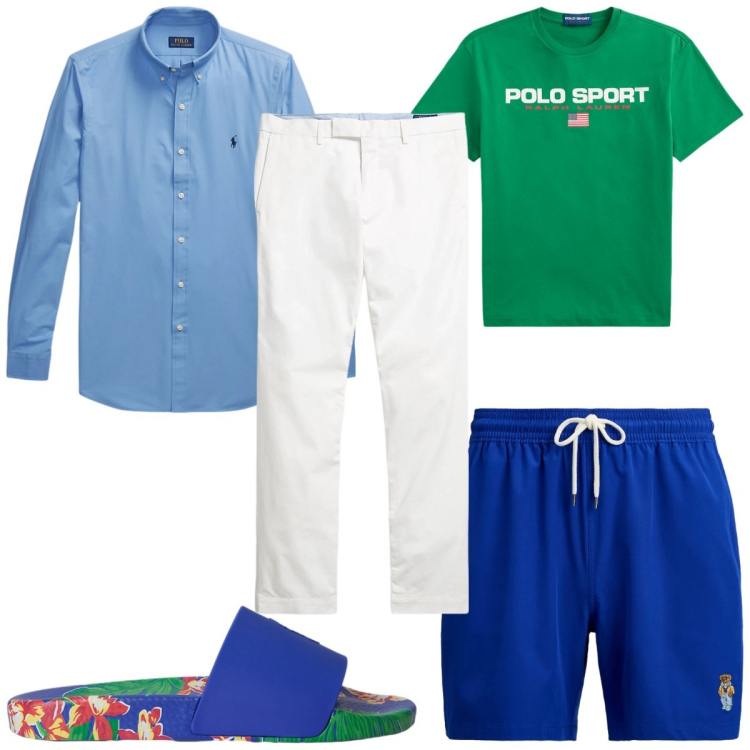 Outfit uomo - Total look #2344088. Stile Trendy per Mare. Abbinamento con camicie, pantaloni chino, sandali, costumi, t-shirt.