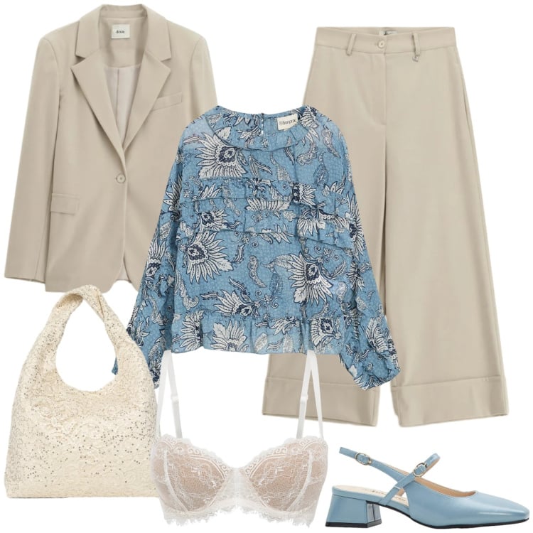 Outfit donna - Total look #2344090. Stile Casual per Ufficio. Abbinamento con décolleté, reggiseni a balconcino, bluse, borse a spalla, blazer, pantaloni a palazzo.