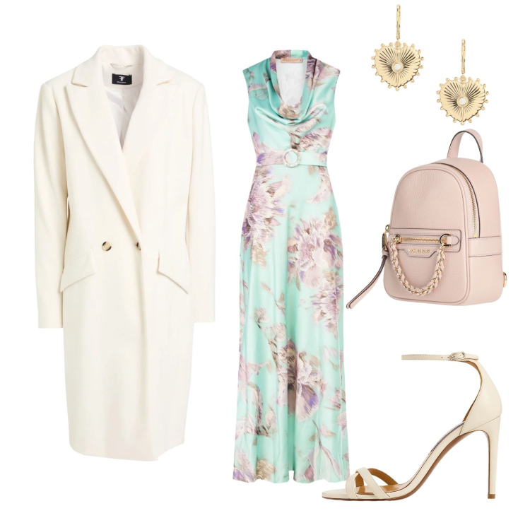 Outfit donna - Incanto Floreale. Stile Glamour per Tutti i giorni. Abbinamento con zaini, cappotti, vestiti lunghi, orecchini, sandali col tacco.