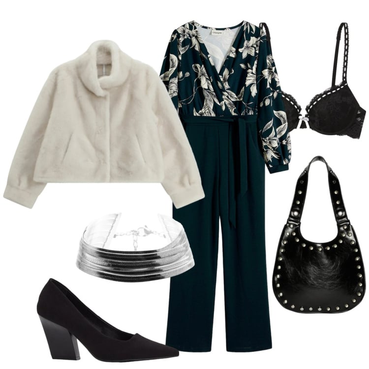 Outfit donna - Tuta per la sera. Stile Vintage retrò per Serata fuori. Abbinamento con décolleté, tute, borse a spalla, reggiseni push-up, ecopellicce, braccialetti.