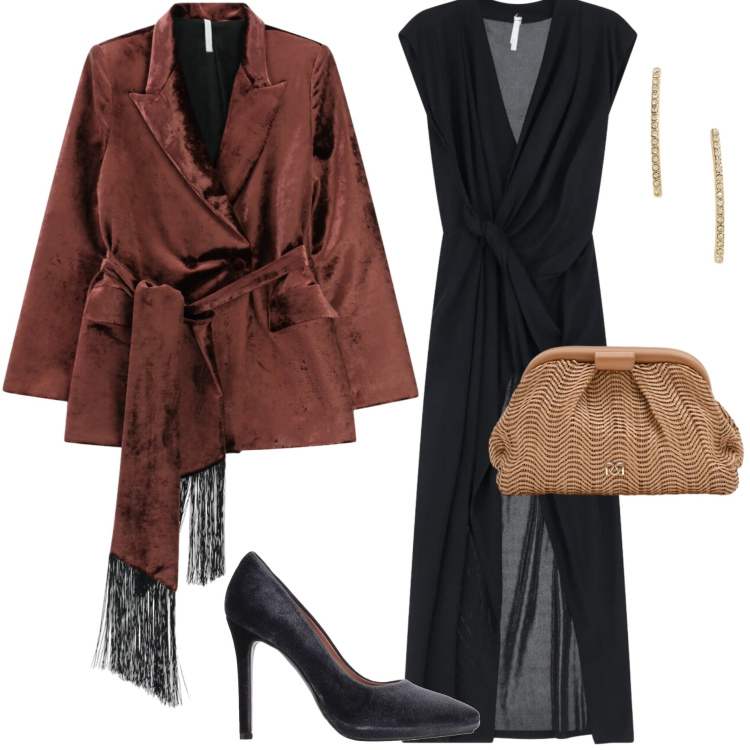 Outfit donna - Serata evento. Stile Chic per Serata fuori. Abbinamento con décolleté, vestiti lunghi, blazer, pochette, orecchini.