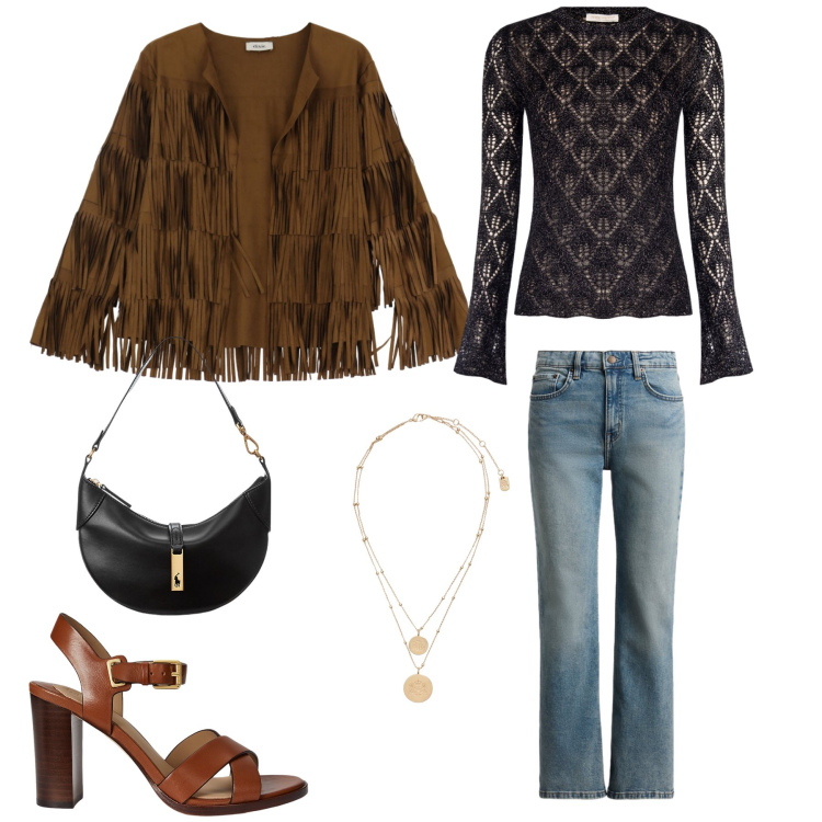 Outfit donna - Eleganza con Frange. Stile Boho per Tutti i giorni. Abbinamento con giacche, t-shirt, sandali in pelle, ciondoli, borse a spalla, jeans dritti.