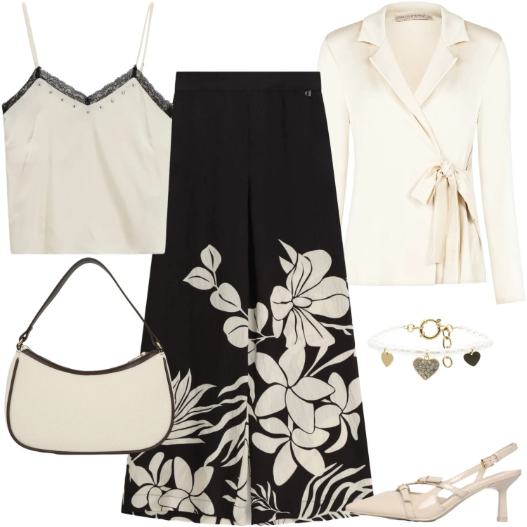 Outfit donna - Total look #2344098. Stile Chic per Tutti i giorni. Abbinamento con décolleté, borse a tracolla, pantaloni a palazzo, braccialetti, top, blazer.