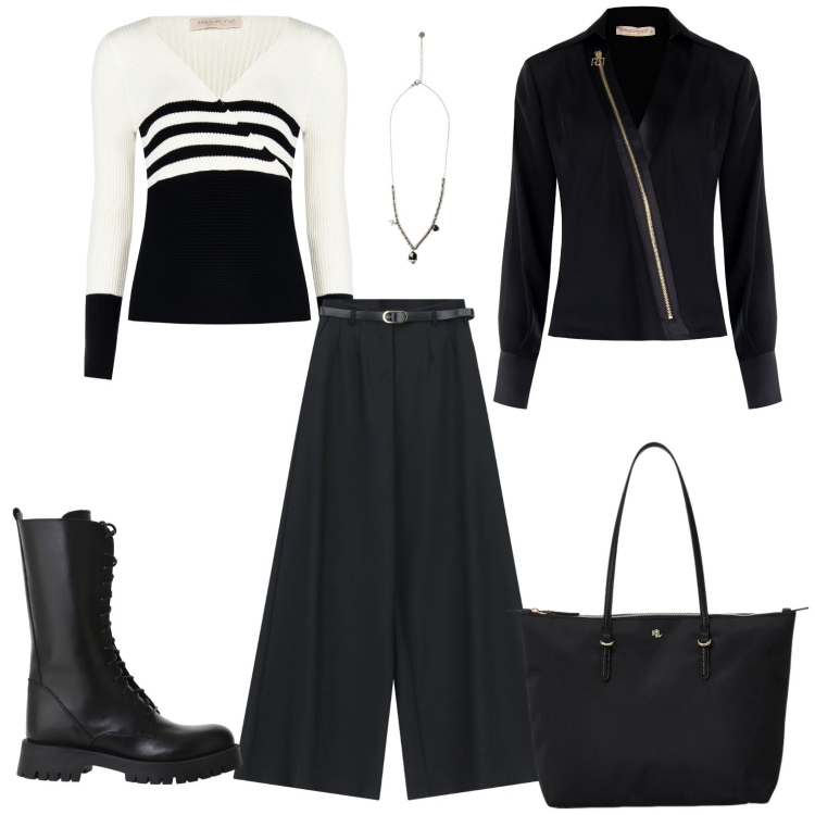 Outfit donna - Comoda e curata. Stile Casual per Tutti i giorni. Abbinamento con pantaloni a palazzo, stivali, ciondoli, pullovers, bluse, borse tote.