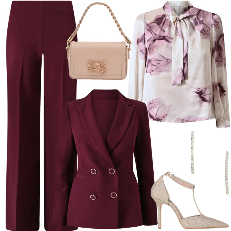 Outfit donna - Total look #2344100. Stile Chic per Cerimonia. Abbinamento con décolleté, pochette, bluse, blazer, pantaloni a palazzo, orecchini.