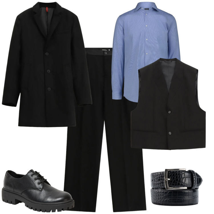 Outfit uomo - Serata evento speciale. Stile Business/Elegante per Serata speciale. Abbinamento con cappotti, gilet, pantaloni, scarpe stringate, cinture, camicie.