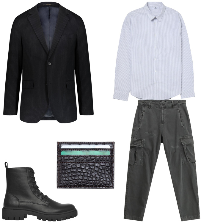 Outfit uomo - Equilibrio Post - Moderno. Stile Casual per Tutti i giorni. Abbinamento con pantaloni cargo, anfibi, camicie, giacche, portafogli.