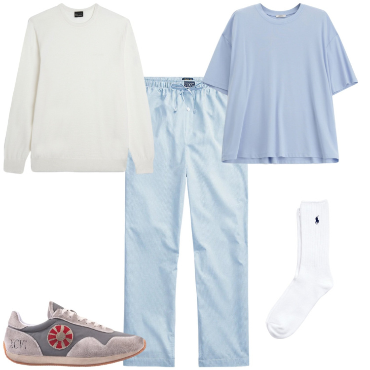 Outfit uomo - Tempo libero sporty. Stile Trendy per Tutti i giorni. Abbinamento con t-shirt, maglieria, pantaloni, calzini, sneakers.