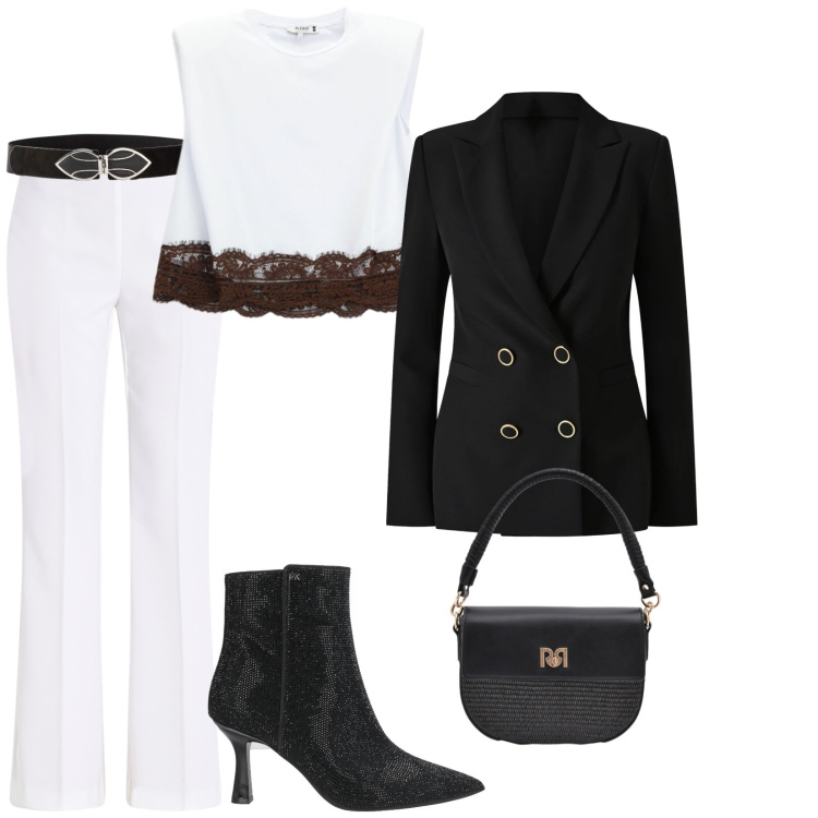 Outfit donna - Nero/bianco trendy. Stile Trendy per Serata fuori. Abbinamento con stivaletti, cinture, top, pantaloni, borse a spalla, blazer.
