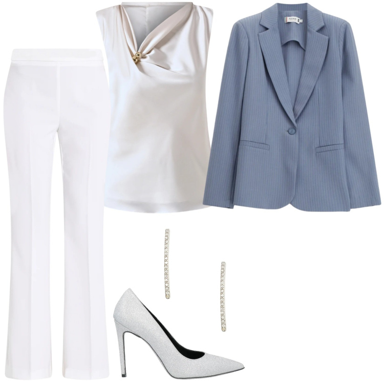 Outfit donna - Toni sofisticati. Stile Chic per Tutti i giorni. Abbinamento con décolleté, blazer, pantaloni, bluse, orecchini.