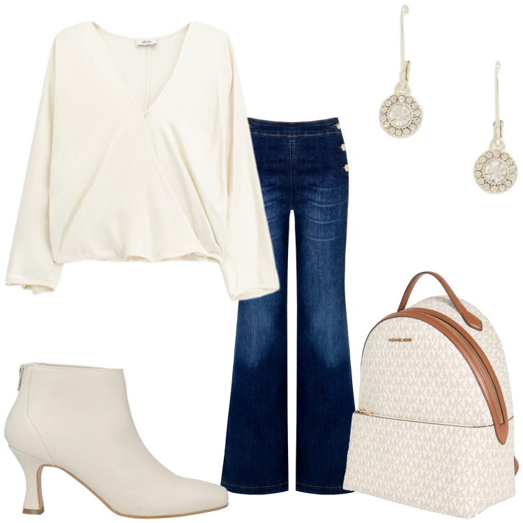 Outfit donna - Jeans e blusa scollo v. Stile Casual chic per Tutti i giorni. Abbinamento con stivaletti, zaini, bluse, jeans, orecchini.