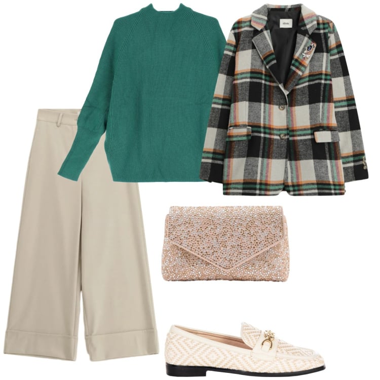 Outfit donna - La pochette di giorno. per Tutti i giorni. Abbinamento con pochette, mocassini, maglieria, pantaloni a palazzo, blazer.