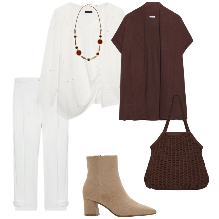 Outfit donna - Bianco e marrone. per Tutti i giorni. Abbinamento con stivaletti, shopping bag, cardigans, pantaloni, t-shirt, collane.