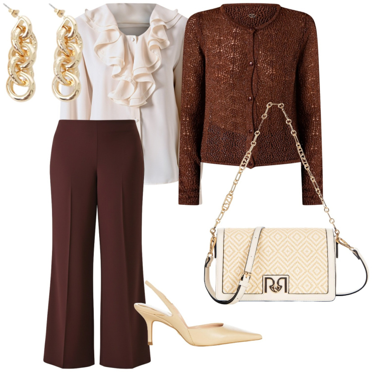 Outfit donna - Invito a pranzo. per Tutti i giorni. Abbinamento con cardigans, décolleté, borse a tracolla, bluse, pantaloni a palazzo, orecchini.