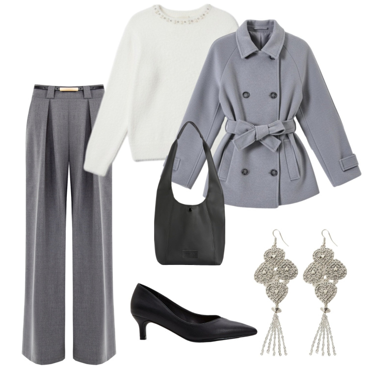 Outfit donna - Il classico non muore mai. per Tutti i giorni. Abbinamento con décolleté, orecchini, borse a spalla, pantaloni a palazzo, caban, maglieria.