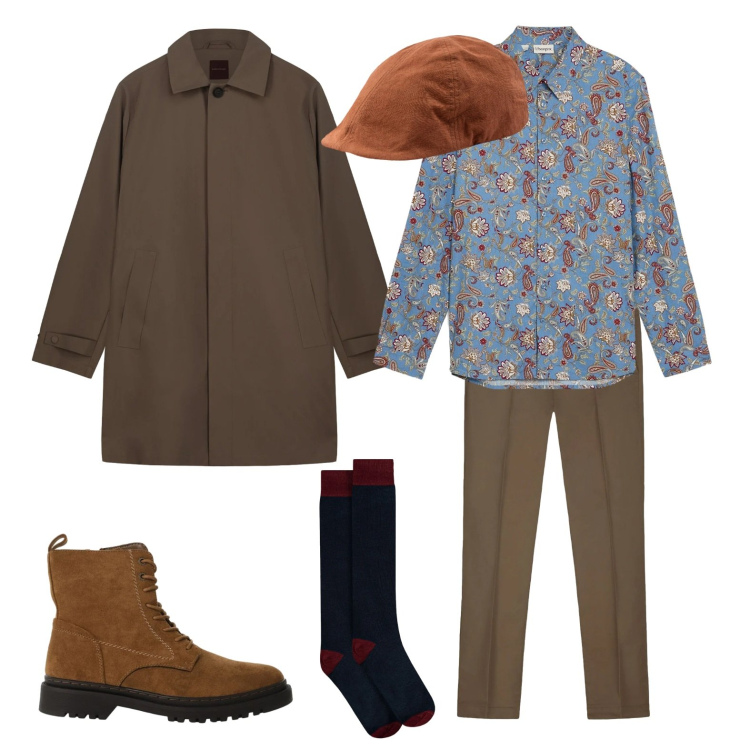 Outfit uomo - Giornata piovosa. Stile Urban per Ufficio. Abbinamento con camicie, anfibi, cappelli con visiera, calzini, trench, pantaloni.