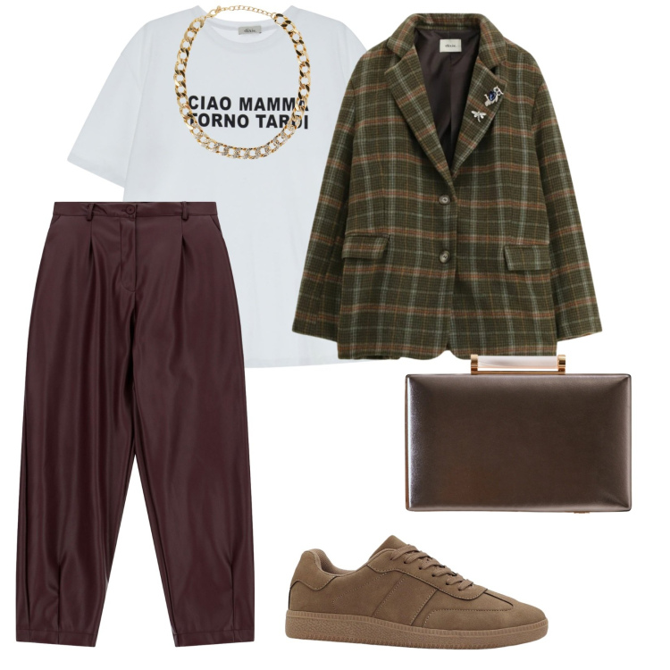 Outfit donna - Sportiva e non. per Tutti i giorni. Abbinamento con sneakers, collane, pantaloni, t-shirt, blazer, clutch.