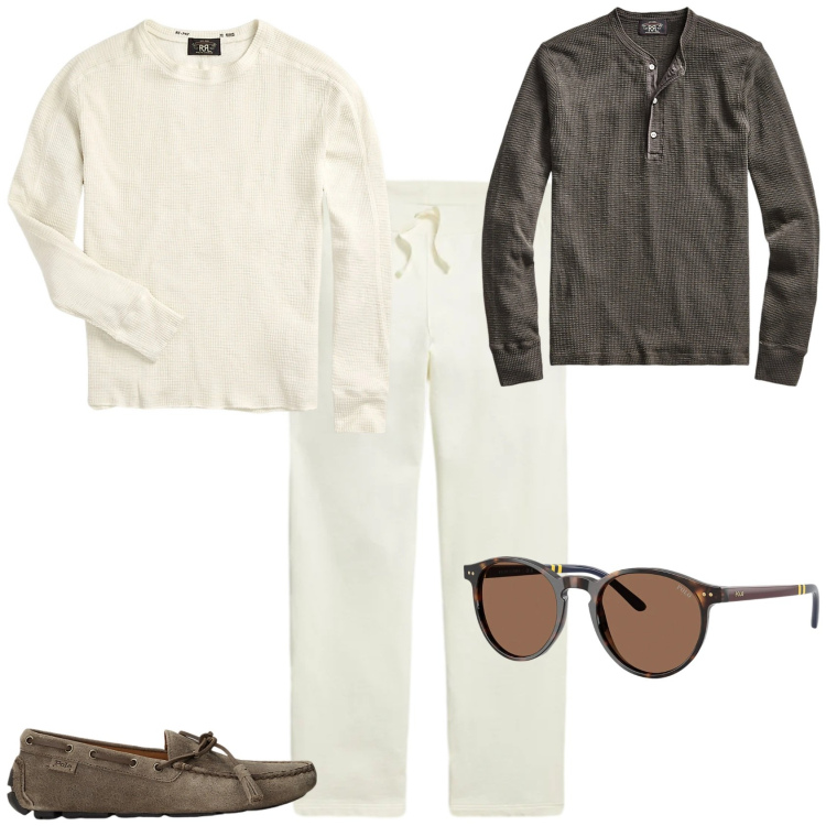 Outfit uomo - Trendy tempo libero. Stile Trendy per Tutti i giorni. Abbinamento con maglieria, t-shirt, scarpe stringate, occhiali da sole, pantaloni.