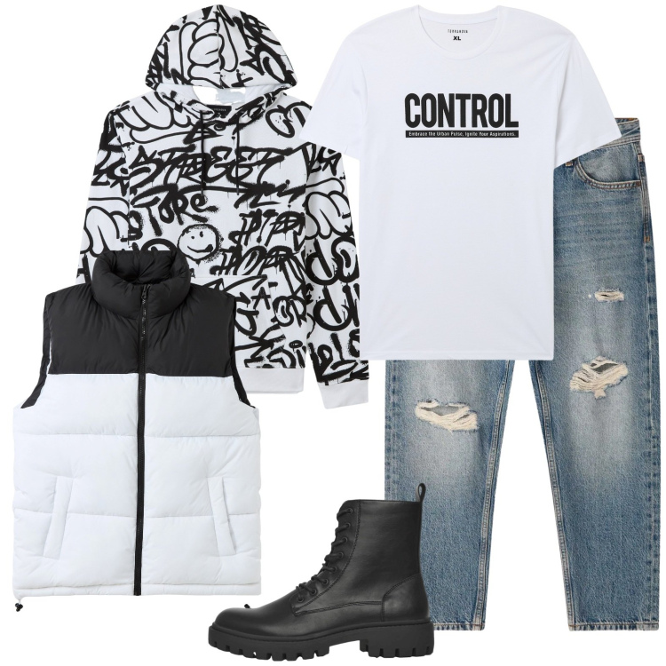 Outfit uomo - A scuola di lunedì. Stile Casual per Tutti i giorni. Abbinamento con felpe con cappuccio, piumini, t-shirt, anfibi, jeans strappati.