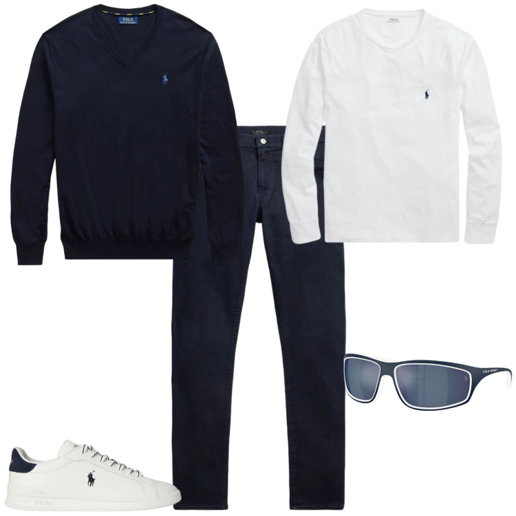 Outfit uomo - Trendy ufficio tempo libero. Stile Trendy per Tutti i giorni. Abbinamento con maglieria, jeans, t-shirt, sneakers, occhiali da sole.