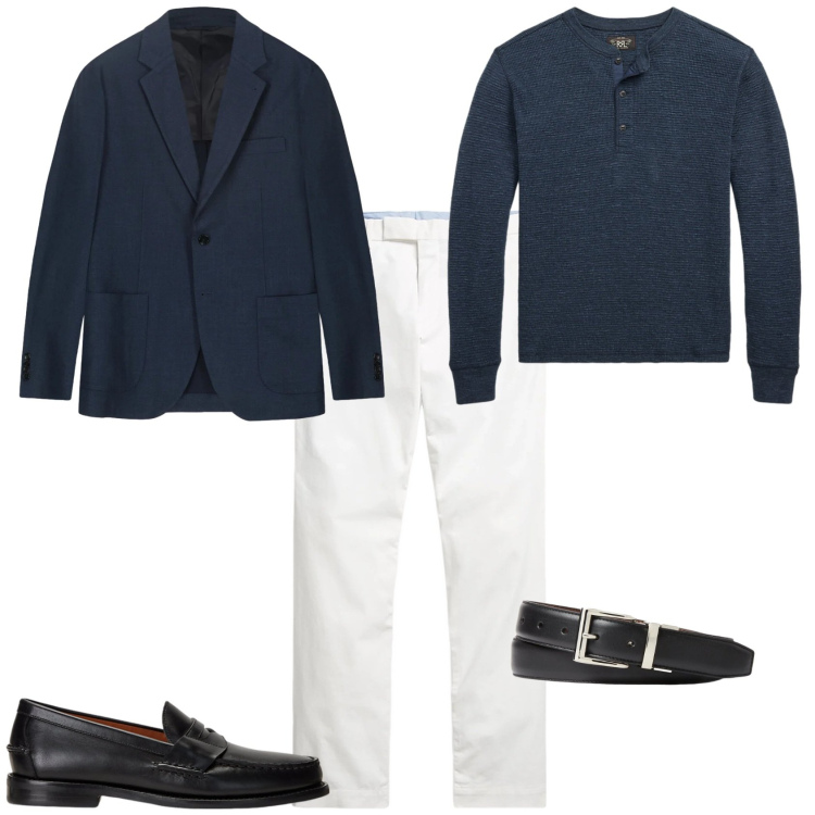 Outfit uomo - Avio e bianco business. Stile Business/Elegante per Ufficio. Abbinamento con scarpe stringate, pantaloni chino, t-shirt, cinture, giacche.