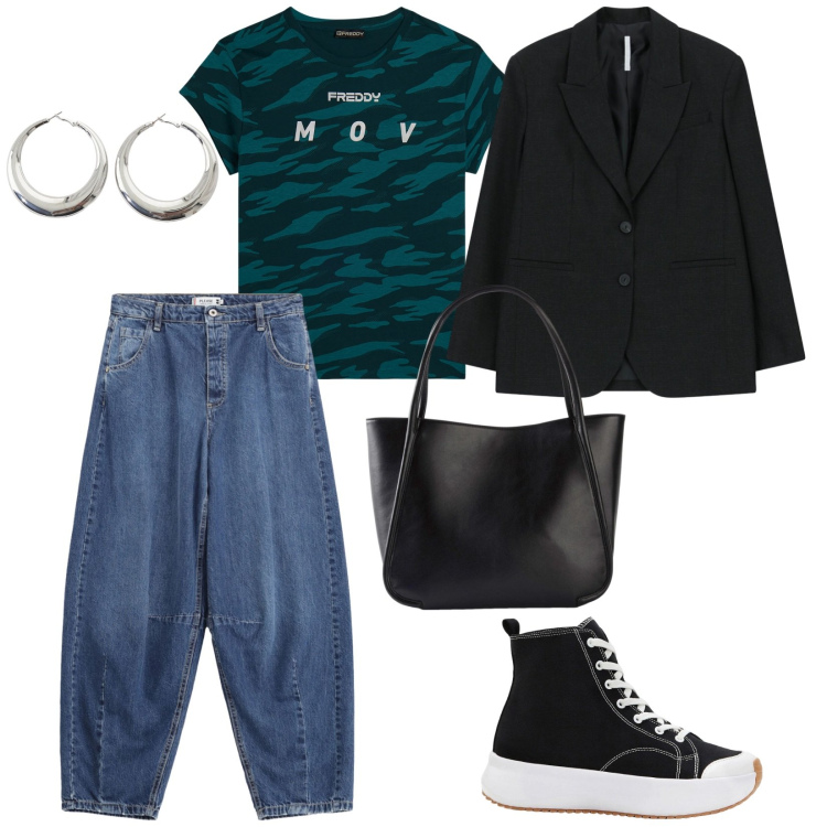 Outfit donna - Anni 90. per Tutti i giorni. Abbinamento con sneakers alte, shopping bag, blazer, orecchini, jeans, t-shirt.