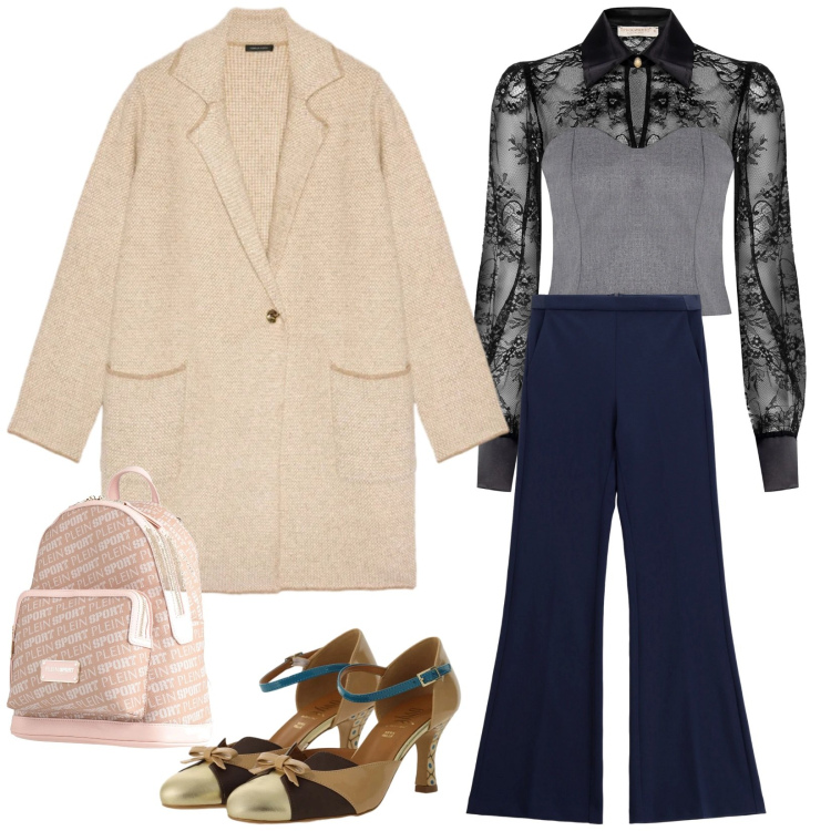 Outfit donna - Tocchi romantici. Stile Bon Ton per Tutti i giorni. Abbinamento con zaini, pantaloni, cardigans, décolleté, bluse.