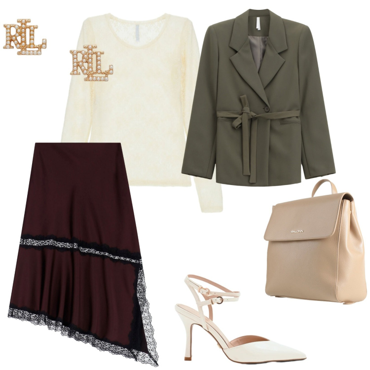 Outfit donna - Primavera. per Ufficio. Abbinamento con zaini, gonne lunghe, bluse, blazer, décolleté, orecchini.