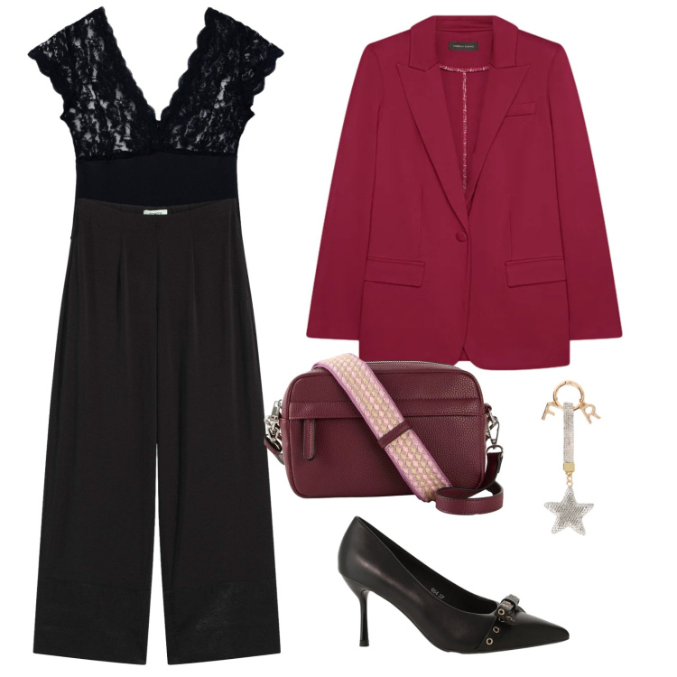 Outfit donna - Trasparenze. Stile Sexy per Serata fuori. Abbinamento con pantaloni, borse a tracolla, top, décolleté, blazer, portachiavi.