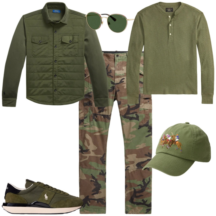 Outfit uomo - Casual week end fuori porta. Stile Casual per Tutti i giorni. Abbinamento con sneakers, occhiali da sole, t-shirt, pantaloni cargo, cappotti, cappelli.