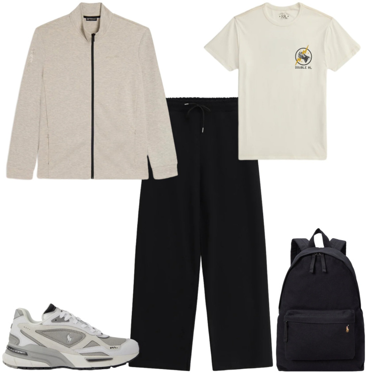 Outfit uomo - Tempo libero sport. Stile Trendy per Sport. Abbinamento con pantaloni sportivi, felpe, borse sportive, t-shirt, sneakers.