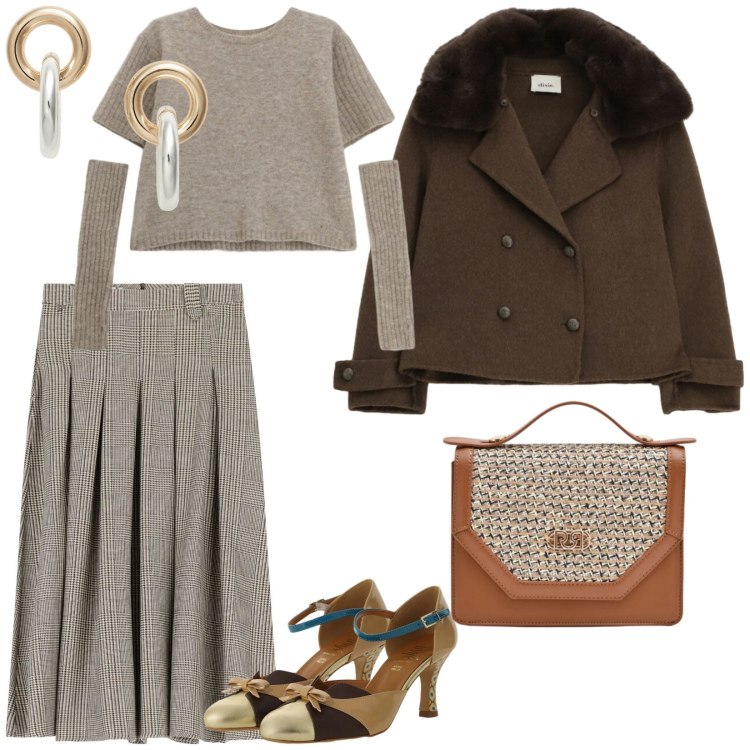 Outfit donna - Outfit piacevole. per Tutti i giorni. Abbinamento con maglieria, gonne lunghe, blazer, décolleté, pochette, orecchini.