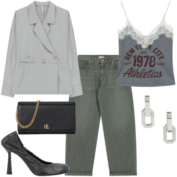 Outfit donna - Serata in jeans. Stile Glamour per Serata fuori. Abbinamento con décolleté, blazer, jeans, top, borse a tracolla, orecchini.