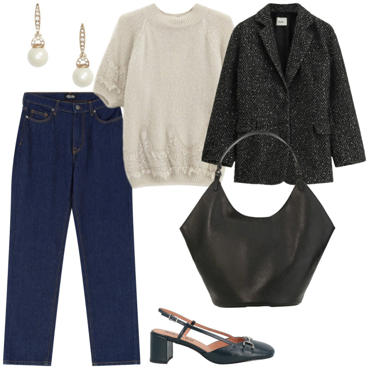 Outfit donna - Un po\' moderno. per Tutti i giorni. Abbinamento con décolleté, maglieria, jeans dritti, borse a spalla, cappotti, orecchini.
