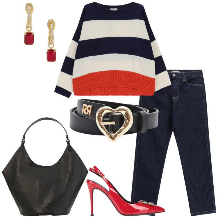 Outfit donna - Total look #2344146. Stile Casual chic per Tutti i giorni. Abbinamento con décolleté, borse a spalla, maglieria, jeans dritti, cinture, orecchini.