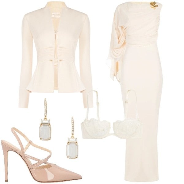 Outfit donna - Nozze in Rinascimento. Stile Chic per Cerimonia. Abbinamento con décolleté, vestiti lunghi, blazer, reggiseni a balconcino, orecchini.
