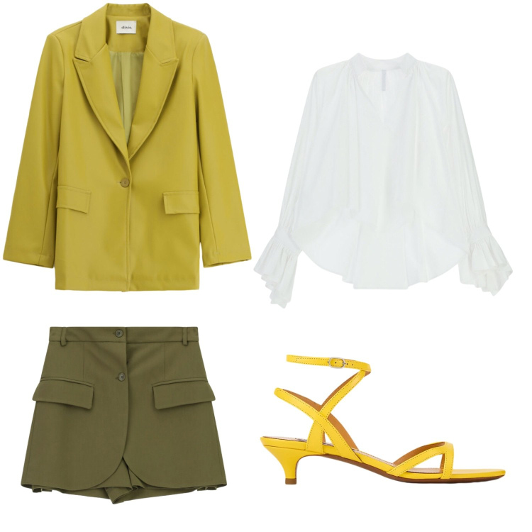 Outfit donna - Sfumature di verde tendente al giallo. Stile Bon Ton per Serata fuori. Abbinamento con shorts, camicie, blazer, sandali col tacco.