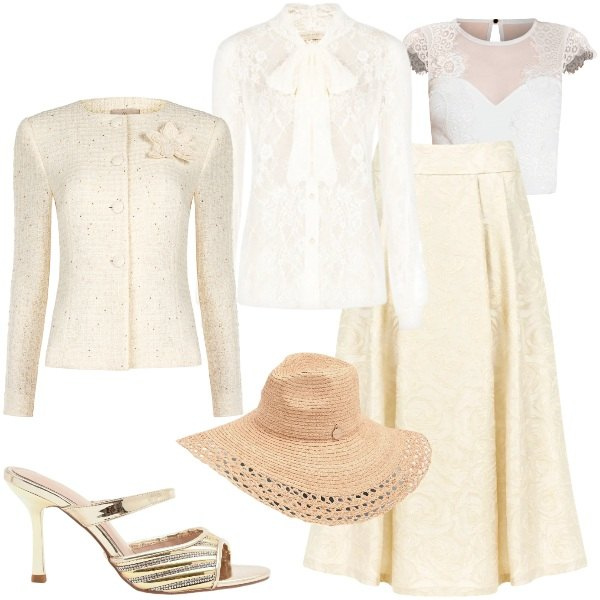 Outfit donna - Cerimonia Rinascimento. Stile Chic per Cerimonia. Abbinamento con camicie, blazer, body, gonne longuette, cappelli, sabot.