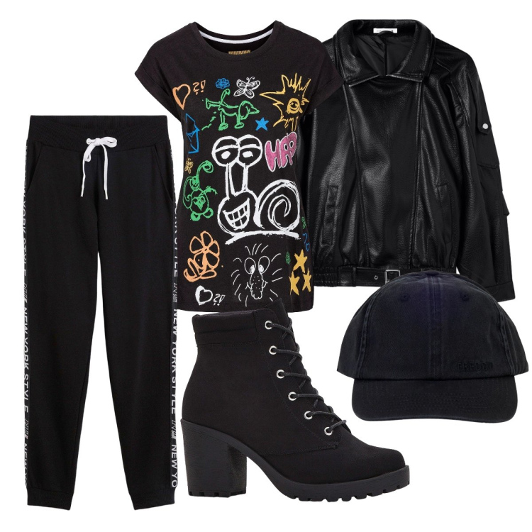 Outfit donna - Street style total black. Stile Urban per Scuola/Università. Abbinamento con t-shirt, stivaletti, pantaloni, giacche, cappelli con visiera.