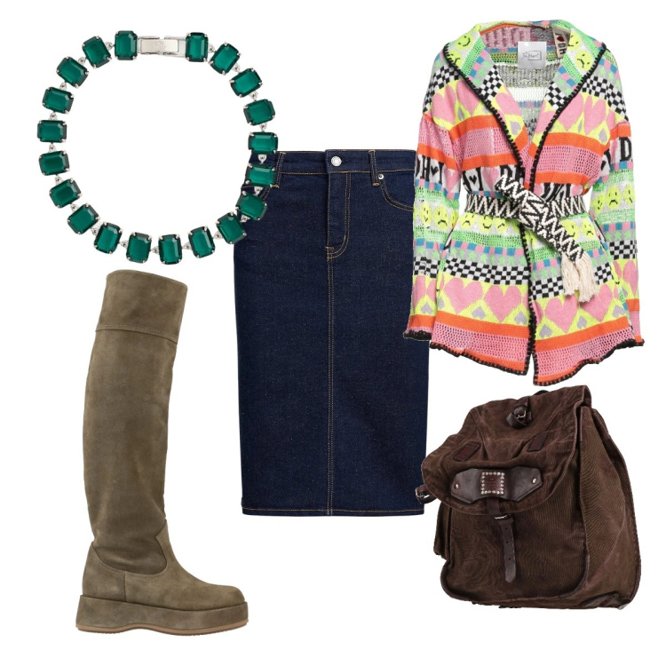 Outfit donna - Gonna lunga curvy. Stile Etnico per Tutti i giorni. Abbinamento con stivali, cardigans, zaini, gonne, braccialetti.