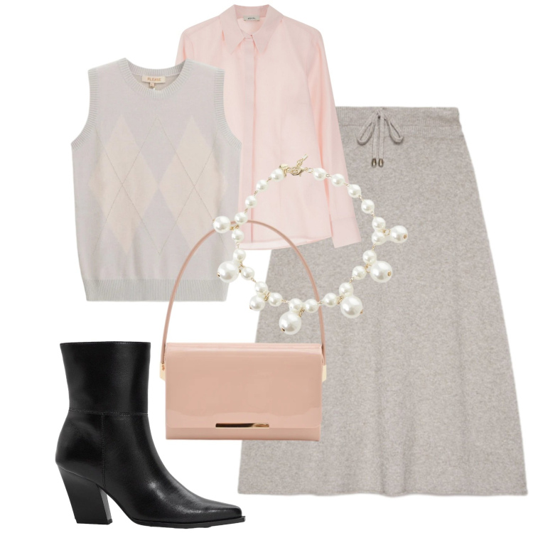 Outfit donna - Colori polverosi. Stile Casual chic per Tutti i giorni. Abbinamento con stivaletti, gonne longuette, camicie, collane, maglieria, pochette.