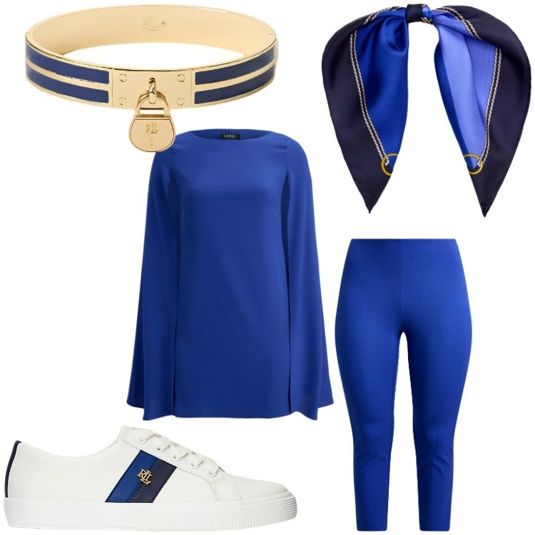 Outfit donna - Gold and blu. Stile Sporty chic per Serata fuori. Abbinamento con vestiti, sneakers, braccialetti con ciondoli, pantaloni skinny, foulard.