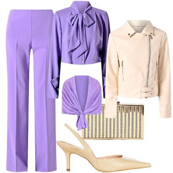 Outfit donna - Il lilla brillante. Stile Trendy per Serata fuori. Abbinamento con clutch, pantaloni a palazzo, bluse, décolleté, giacche, scialli.