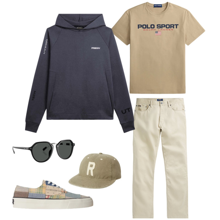 Outfit uomo - Layering Contemporaneo. Stile Casual per Tutti i giorni. Abbinamento con felpe con cappuccio, occhiali da sole, cappelli, sneakers, t-shirt, pantaloni.