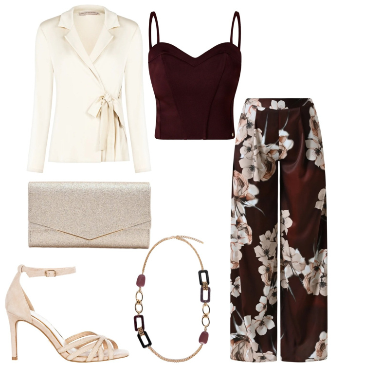Outfit donna - Evento elegante. Stile Chic per Cerimonia. Abbinamento con collane, clutch, pantaloni a palazzo, blazer, top, sandali col tacco.
