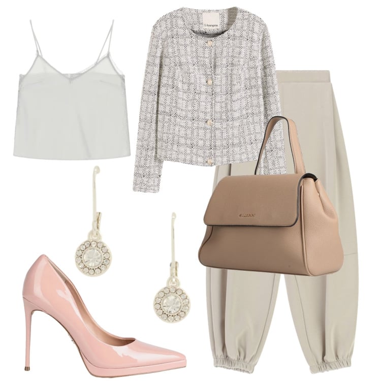 Outfit donna - Colori polverosi. Stile Bon Ton per Tutti i giorni. Abbinamento con zaini, décolleté, cardigans, pantaloni, canottiere, orecchini.