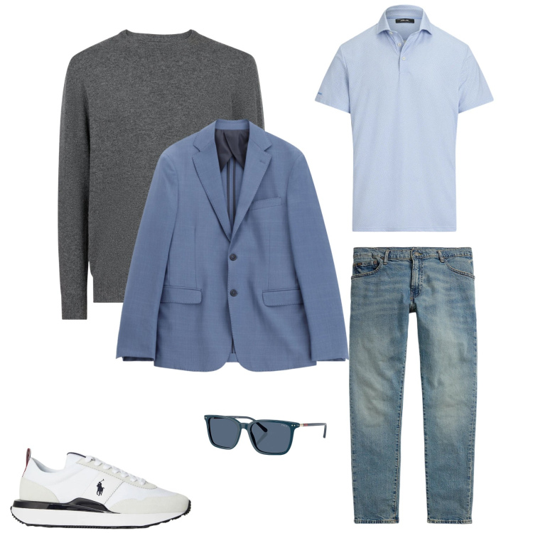 Outfit uomo - Blue Harmony. Stile Urban per Tutti i giorni. Abbinamento con giacche, occhiali da sole, jeans, sneakers, polo, maglieria.