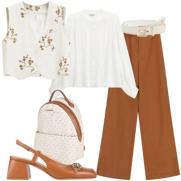 Outfit donna - Slingback color tabacco. Stile Trendy per Ufficio. Abbinamento con décolleté, zaini, pantaloni a palazzo, gilet, camicie, cinture.